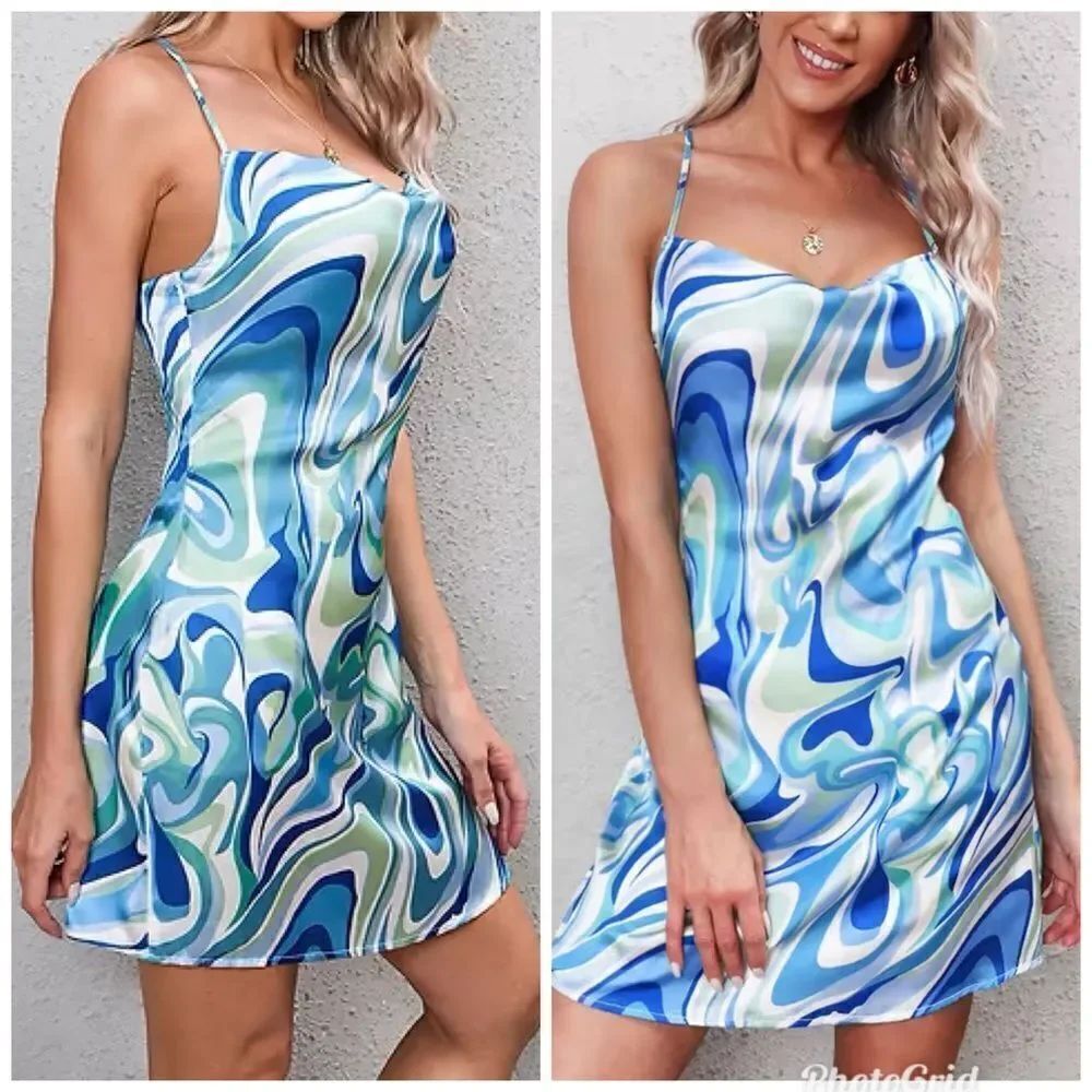 Cupshe Crystal Beach Row Drape Marble Crisscross Slip Blue Green Swirl Dress L